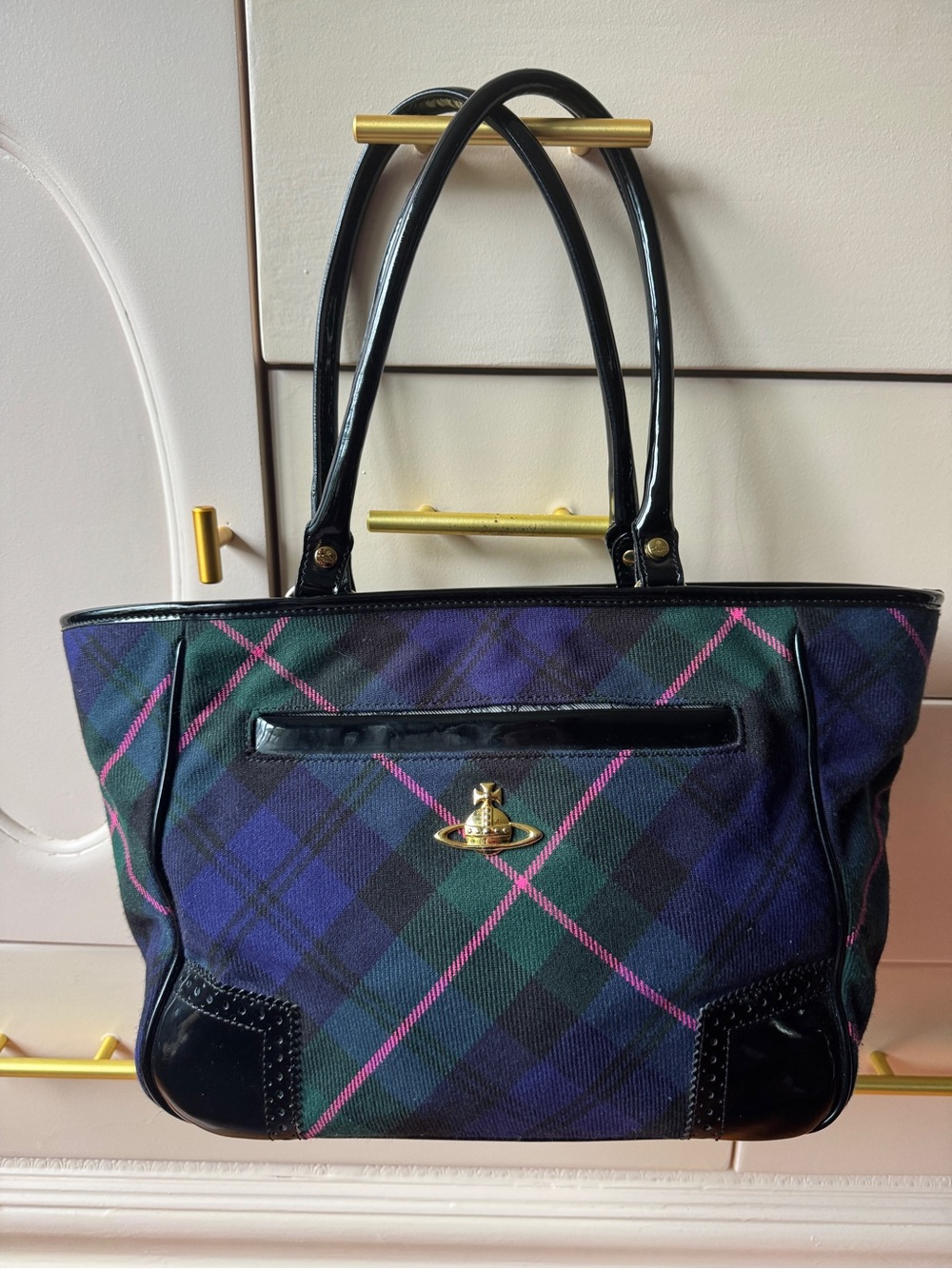 Vivienne Westwood Black Watch Plaid Brogue Satchel Bag - Black/Pink/Green